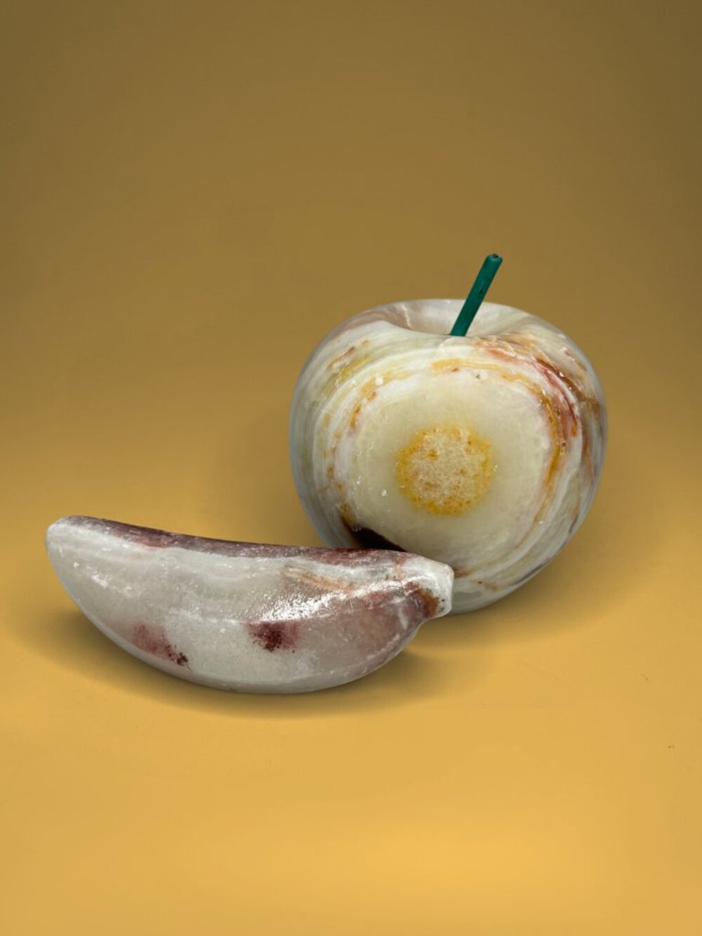 Vintage Alabaster Onyx Stone Fruit - Carved Apple and Banana Paperweight Set